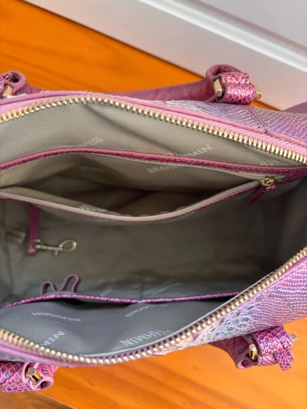 Brahmin Iridescent Pink Croc-Embossed Satchel - Picture 8 of 11